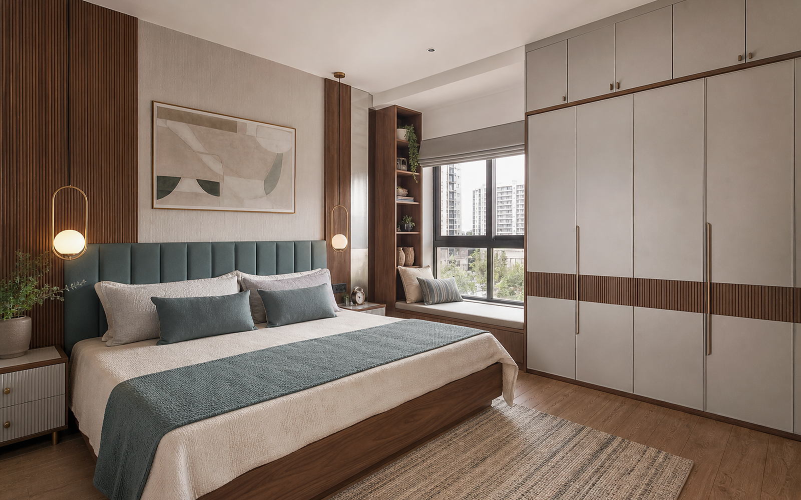 Illuminated wardrobe with integrated dressing table
