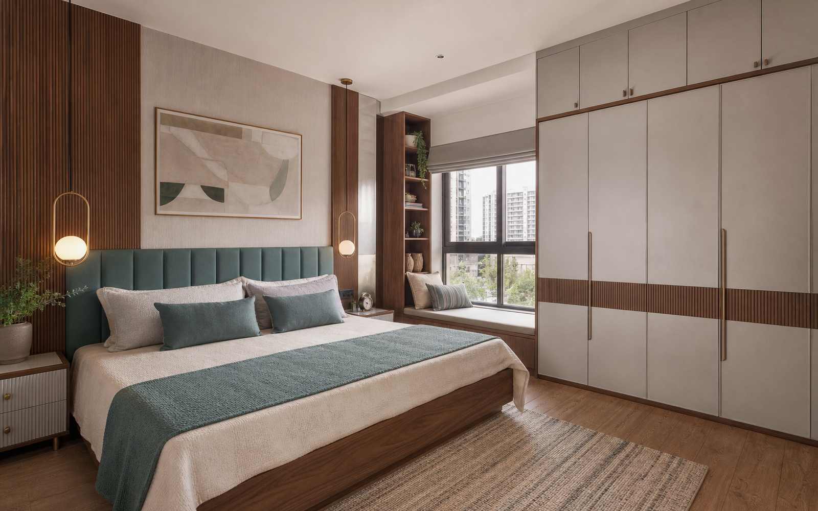Modern illuminated wardrobe with vanity mirror